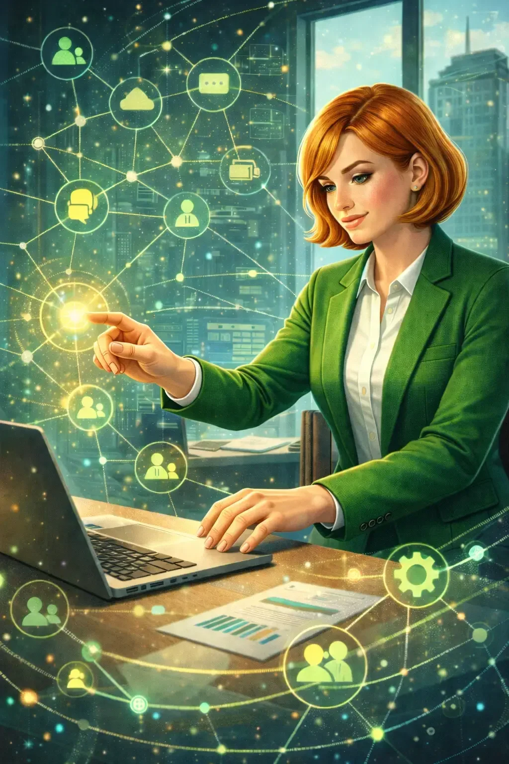 En professionel kvinde med kort, rødt hår sidder ved et skrivebord foran en bærbar computer. Hun bærer en grøn blazer og en hvid skjorte og arbejder fokuseret. Med den ene hånd skriver hun på tastaturet, mens hun med den anden rører ved et lysende, gulgrønt ikon foran sig, som om hun interagerer med et digitalt hologram. Rundt om hende svæver mange forbundne ikoner, der symboliserer netværk, kommunikation, cloud-lagring, samarbejde og brugerprofiler. Bygninger og kontormiljø skimtes i baggrunden gennem et stort vindue, hvilket giver indtryk af en moderne storby. Hele billedet har et futuristisk og teknologisk udtryk med glødende linjer og lyspunkter, der forbinder de forskellige symboler.